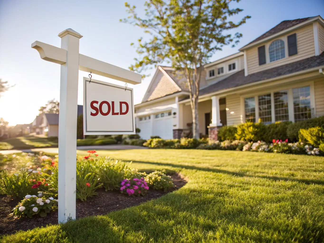 An image of a real estate property with a 'Sold' sign and a financial overlay indicating quick funding. This image represents Bridge Loans offered by Vangel Capital Group.