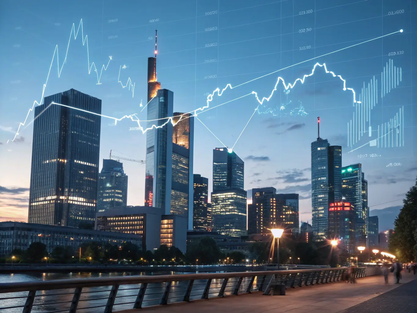 An image of a modern commercial building with financial graphs overlaying it, symbolizing income and investment analysis. This image represents Debt Service Coverage Ratio (DSCR) Loans offered by Vangel Capital Group.